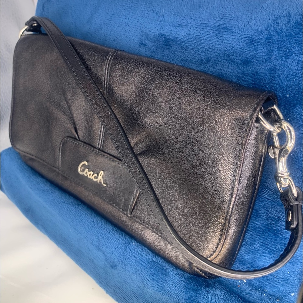 Coach Black Leather Monogram Plate Credit Card Wristlet Wallet